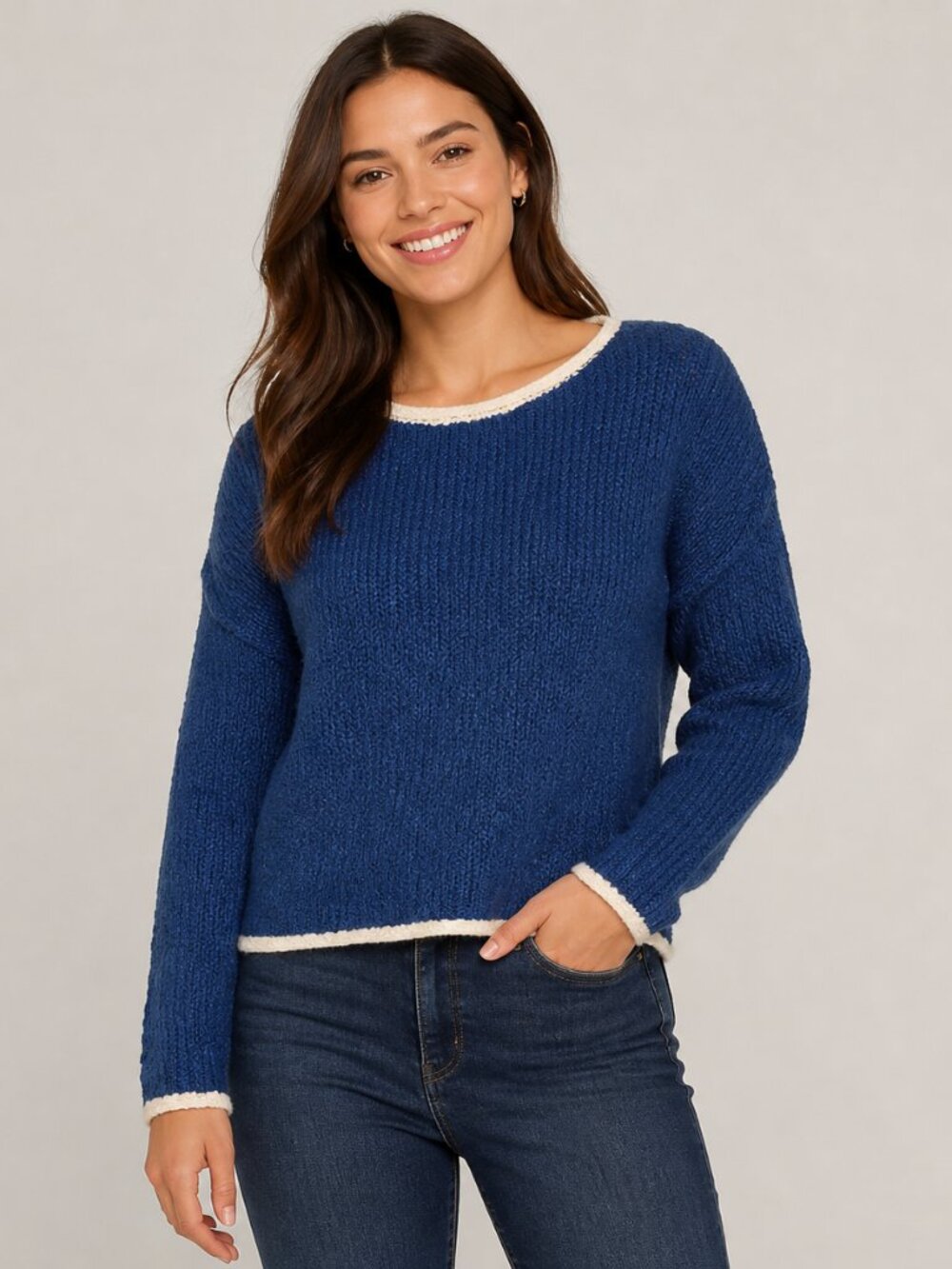 Zenana Royal Blue Popcorn Knit Cropped Sweater Small Boxy Drop Shoulder NWOT